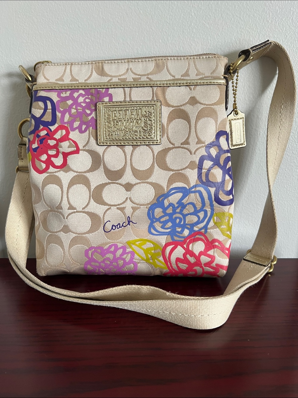 Coach Beige Signature Crossbody with Multicolor Floral Accents
